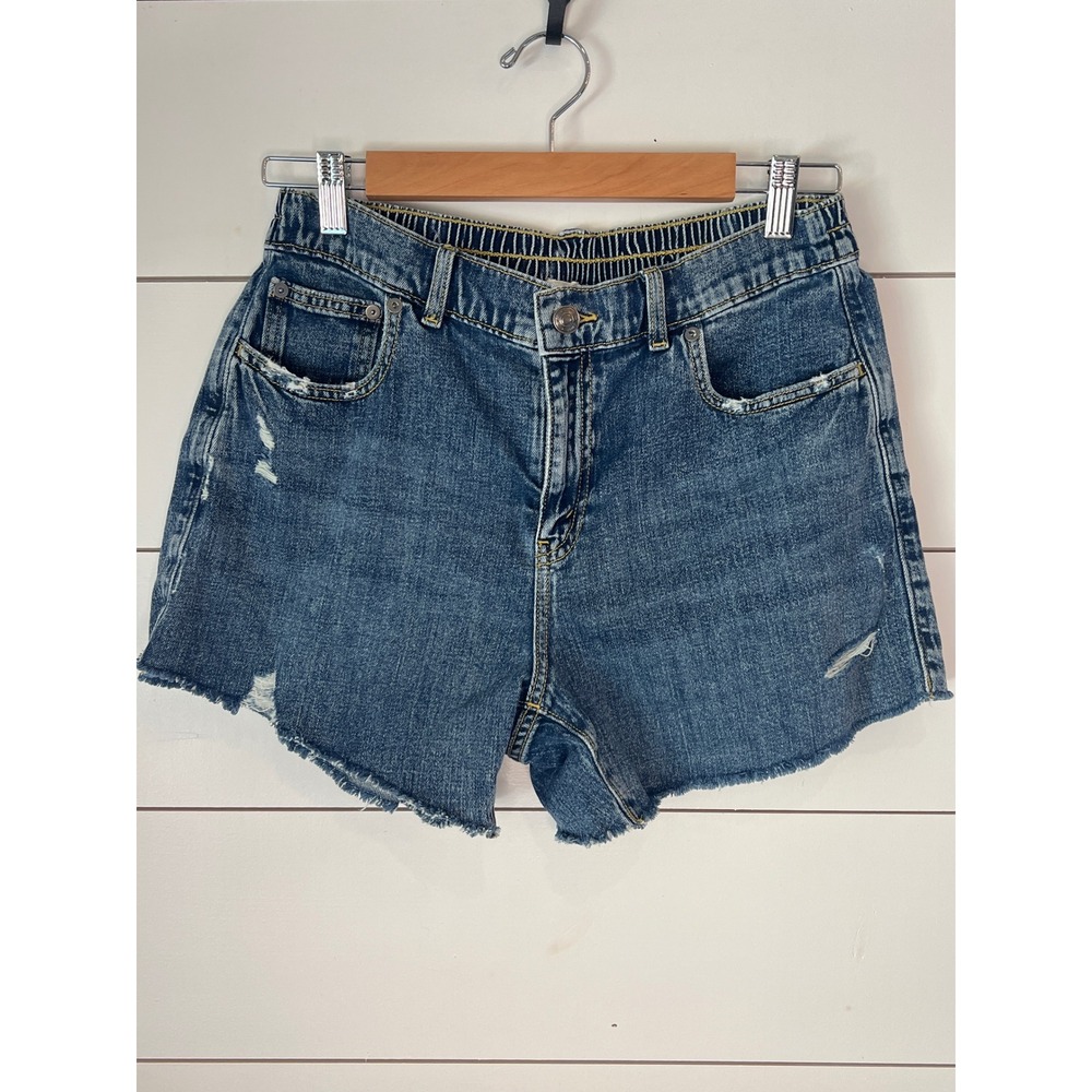 Aerie Womens Medium Wash Distressed Denim Shorts Elastic Back Waist Size M